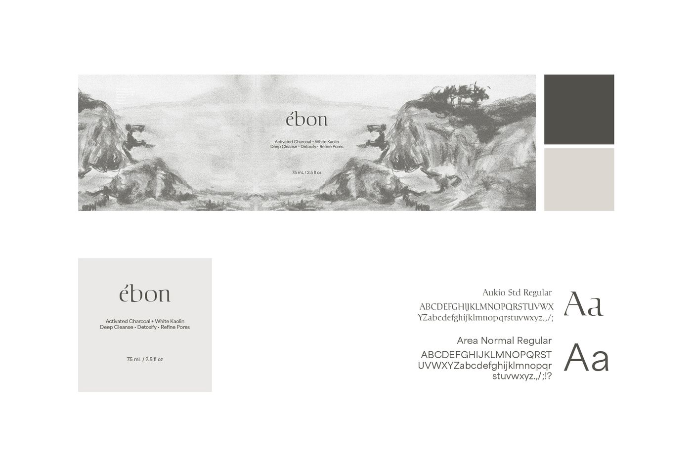 Ébon packaging identity board showing the charcoal illustration, color palette, and typography.