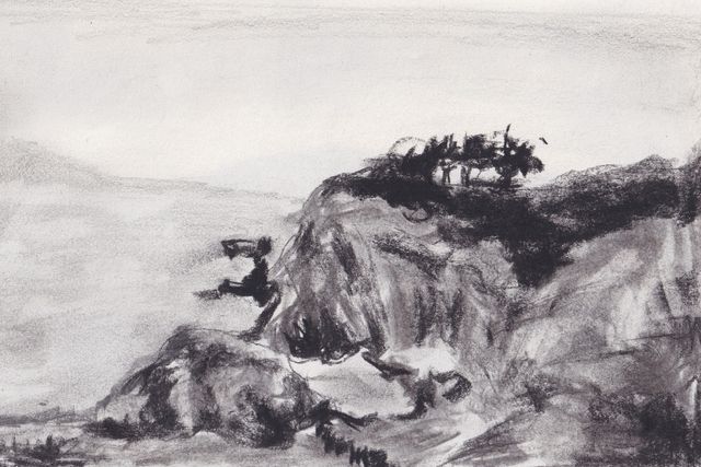 Original charcoal landscape drawing used in the Ébon packaging identity.