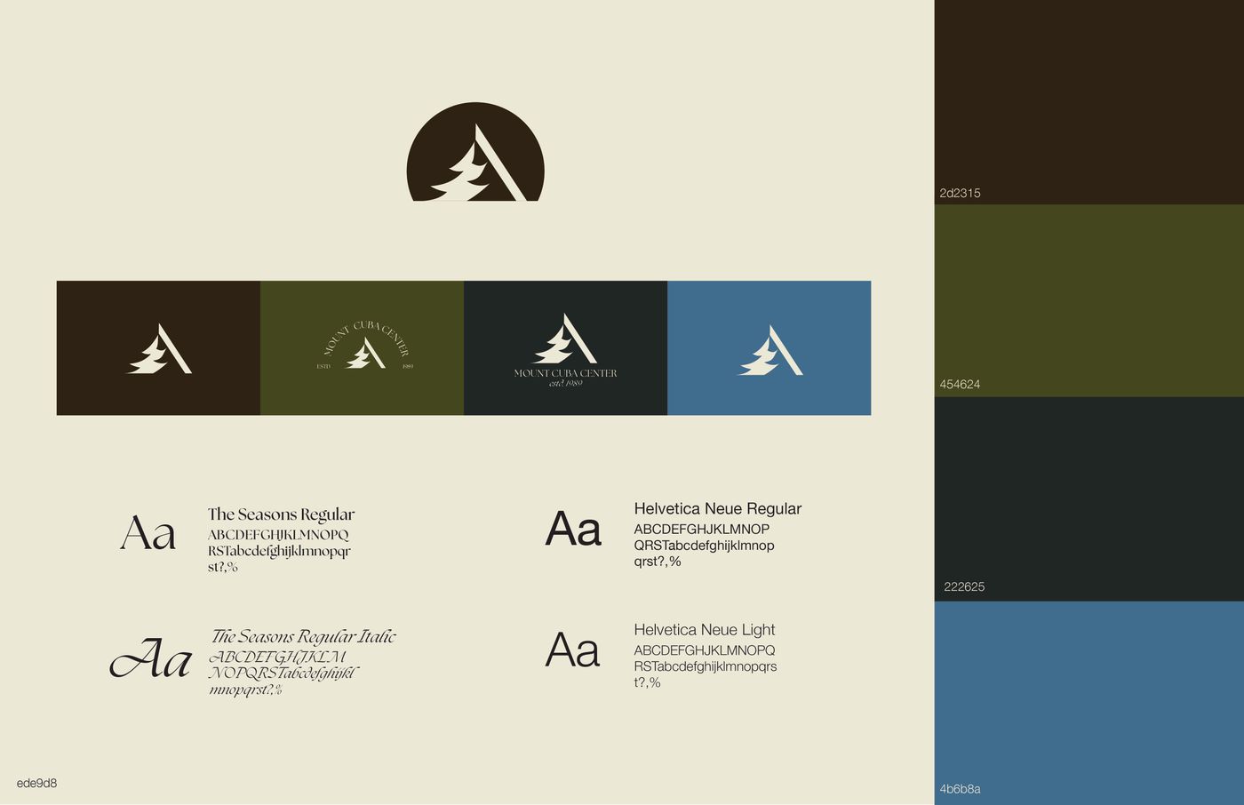 Mt. Cuba Center identity board featuring the primary mark, color palette, and typography.