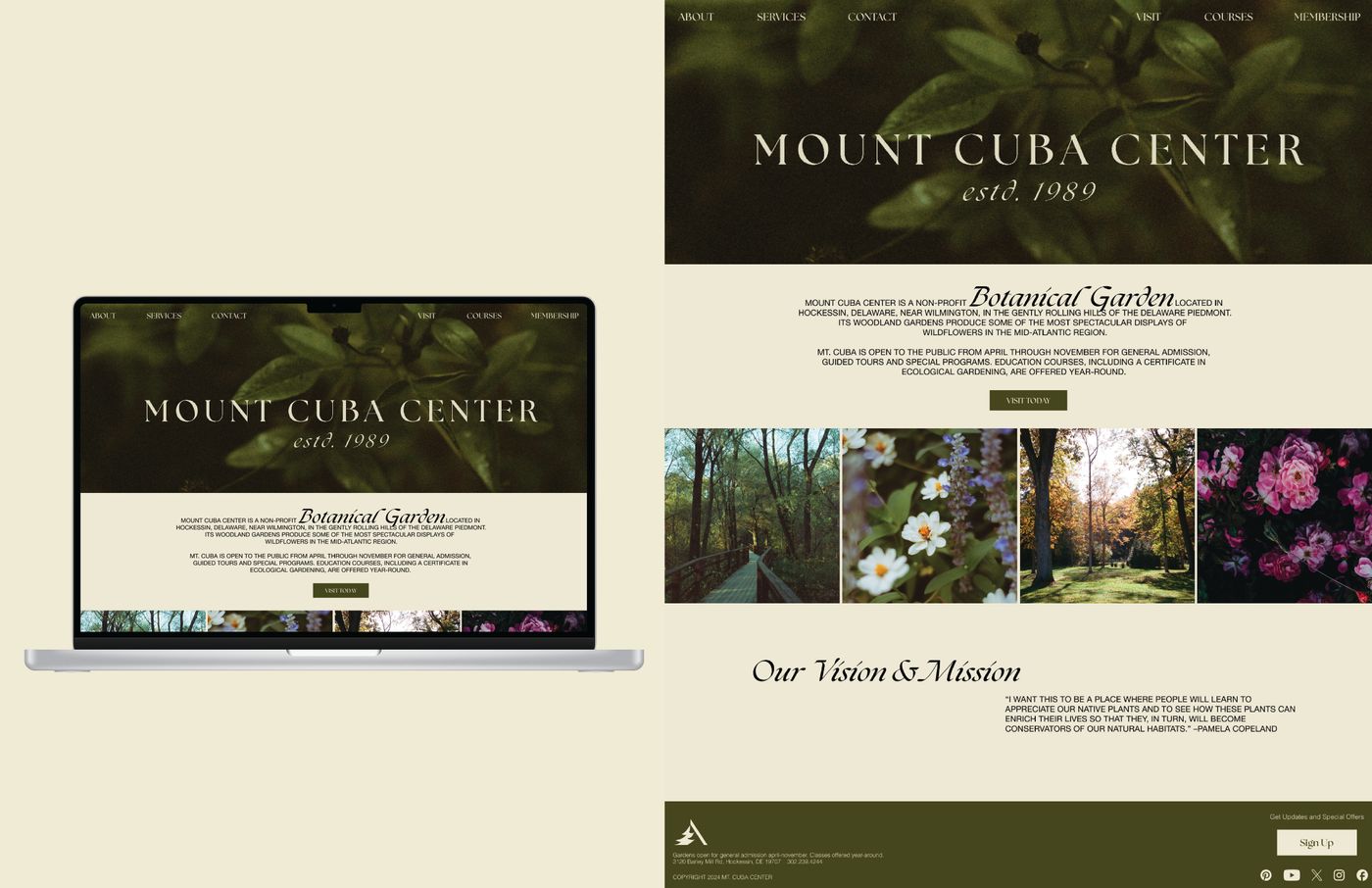 Mt. Cuba Center website mockup applying the new identity.